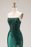 Dark Green Strapless Mermaid Long Satin Prom Dress with Slit