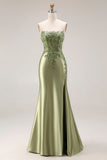 Dark Green Strapless Mermaid Long Satin Prom Dress with Slit