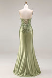 Dark Green Strapless Mermaid Long Satin Prom Dress with Slit