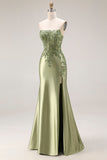 Dark Green Strapless Mermaid Long Satin Prom Dress with Slit