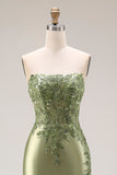 Dark Green Strapless Mermaid Long Satin Prom Dress with Slit