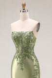 Dark Green Strapless Mermaid Long Satin Prom Dress with Slit