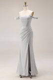 Light Grey Off The Shoulder Mermaid Pleated Long Prom Dress with Slit