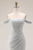 Light Grey Off The Shoulder Mermaid Pleated Long Prom Dress with Slit