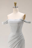 Light Grey Off The Shoulder Mermaid Pleated Long Prom Dress with Slit