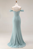 Dusty Green Mermaid Off The Shoulder Corset Long Prom Dress with Slit