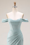 Dusty Green Mermaid Off The Shoulder Corset Long Prom Dress with Slit