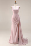 Pink Mermaid Pleated Satin Side Slit Long Prom Dress with Cape