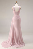 Pink Mermaid Pleated Satin Side Slit Long Prom Dress with Cape