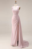 Pink Mermaid Pleated Satin Side Slit Long Prom Dress with Cape
