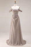 Grey Off The Shoulder Ruched Long Prom Dress with Lace Up Back
