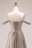 Grey Off The Shoulder Ruched Long Prom Dress with Lace Up Back