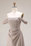 Grey Off The Shoulder Ruched Long Prom Dress with Lace Up Back