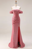 Glitter Mermaid Off The Shoulder Ruched Long Prom Dress with Slit