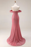 Glitter Mermaid Off The Shoulder Ruched Long Prom Dress with Slit