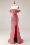 Glitter Mermaid Off The Shoulder Ruched Long Prom Dress with Slit