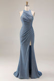 Dusty Blue Halter Mermaid Ruched Long Prom Dress with Slit
