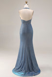 Dusty Blue Halter Mermaid Ruched Long Prom Dress with Slit