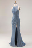 Dusty Blue Halter Mermaid Ruched Long Prom Dress with Slit