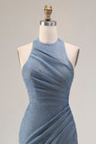 Dusty Blue Halter Mermaid Ruched Long Prom Dress with Slit