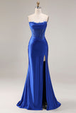 Strapless Royal Blue Corset Mermaid Satin Long Prom Dress with Slit