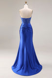 Strapless Royal Blue Corset Mermaid Satin Long Prom Dress with Slit
