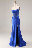 Strapless Royal Blue Corset Mermaid Satin Long Prom Dress with Slit