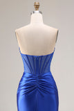 Strapless Royal Blue Corset Mermaid Satin Long Prom Dress with Slit