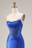 Strapless Royal Blue Corset Mermaid Satin Long Prom Dress with Slit