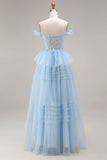 Princess Sky Blue Off The Shoulder Ruffled Long Tulle Prom Dress with Embroidery