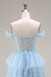 Princess Sky Blue Off The Shoulder Ruffled Long Tulle Prom Dress with Embroidery