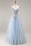 Sweetheart A-Line Sky Blue Corset Sequin Long Prom Dress with Beading