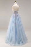 Sweetheart A-Line Sky Blue Corset Sequin Long Prom Dress with Beading
