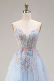 Sweetheart A-Line Sky Blue Corset Sequin Long Prom Dress with Beading