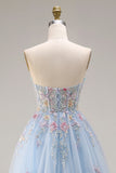 Sweetheart A-Line Sky Blue Corset Sequin Long Prom Dress with Beading