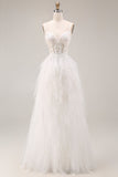White Ruffled Tulle A-Line Spaghetti Straps Corset Long Wedding Dress