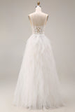 White Ruffled Tulle A-Line Spaghetti Straps Corset Long Wedding Dress