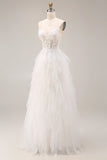 White Ruffled Tulle A-Line Spaghetti Straps Corset Long Wedding Dress