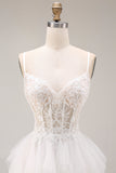 White Ruffled Tulle A-Line Spaghetti Straps Corset Long Wedding Dress