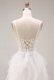 White Ruffled Tulle A-Line Spaghetti Straps Corset Long Wedding Dress