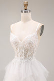 White Ruffled Tulle A-Line Spaghetti Straps Corset Long Wedding Dress