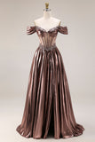 Off The Shoulder Metallic Coffee Sheer Boned Corset A-Line Long Prom Dress with Beading