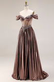 Off The Shoulder Metallic Coffee Sheer Boned Corset A-Line Long Prom Dress with Beading