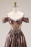 Off The Shoulder Metallic Coffee Sheer Boned Corset A-Line Long Prom Dress with Beading