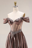 Off The Shoulder Metallic Coffee Sheer Boned Corset A-Line Long Prom Dress with Beading