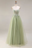 Light Green Tulle A-Line Corset Appliqued Spaghetti Straps Long Prom Dress