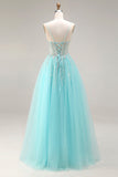 Mint A-Line Sequins Sheer Corset Beaded Long Prom Dress with Lace Up Back
