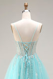 Mint A-Line Sequins Sheer Corset Beaded Long Prom Dress with Lace Up Back