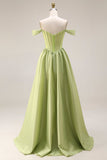 Green A-Line Off The Shoulder Beaded Sheer Corset Long Prom Dress with Slit