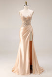Champagne Beaded Mermaid Corset Long Satin Prom Dress with Slit